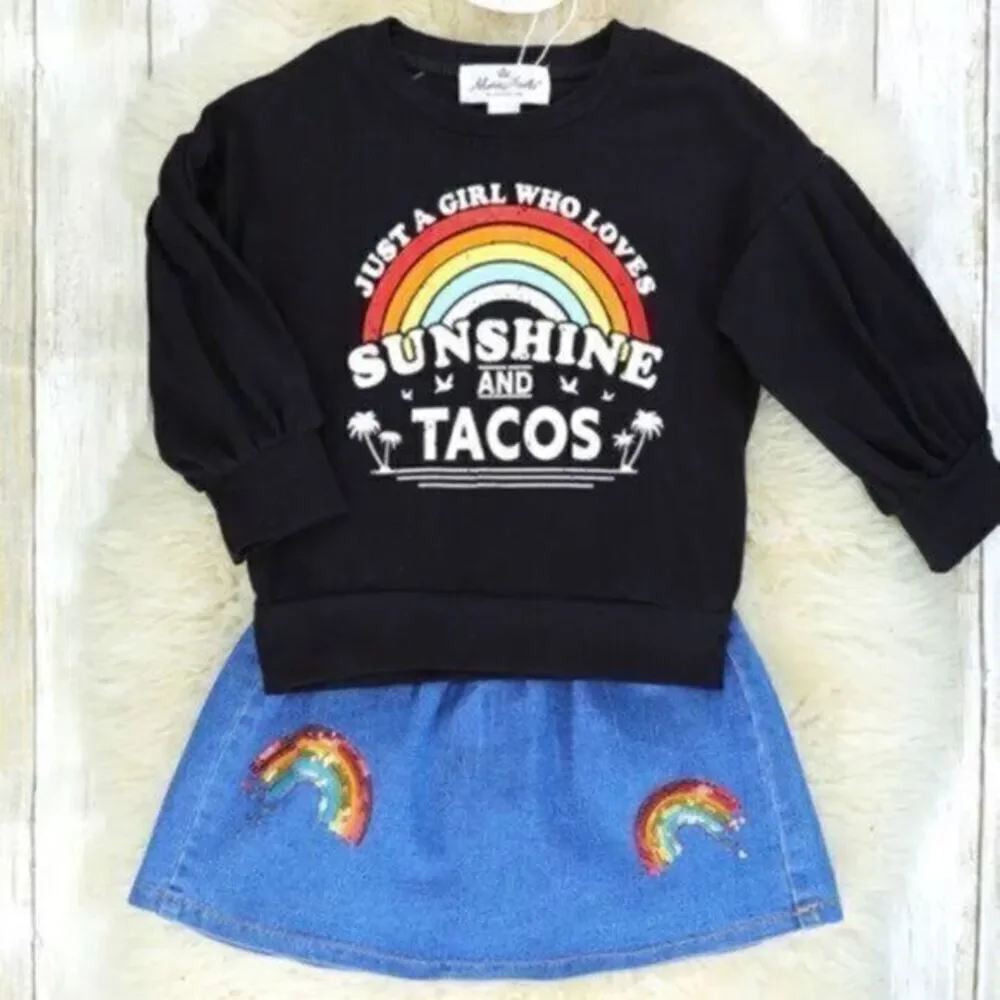 NWT Girls 2 Piece Long Sleeve Top and Jean Skirt Sunshine & Tacos- Size 6-12 Mo